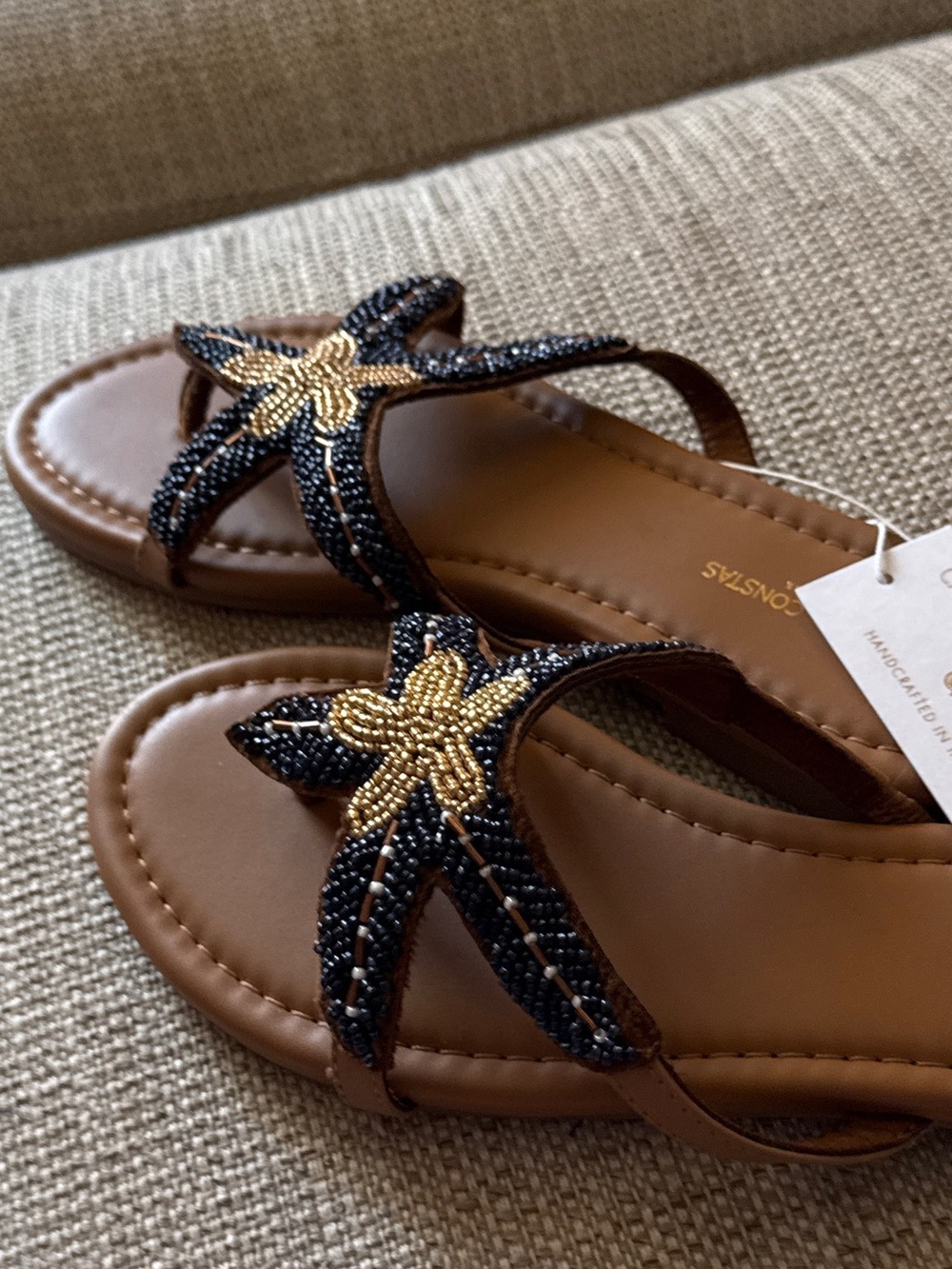 Caroline Constas Navy & Tan Starfish Beaded Flip Flop Beach Sandals - Picture 4 of 16